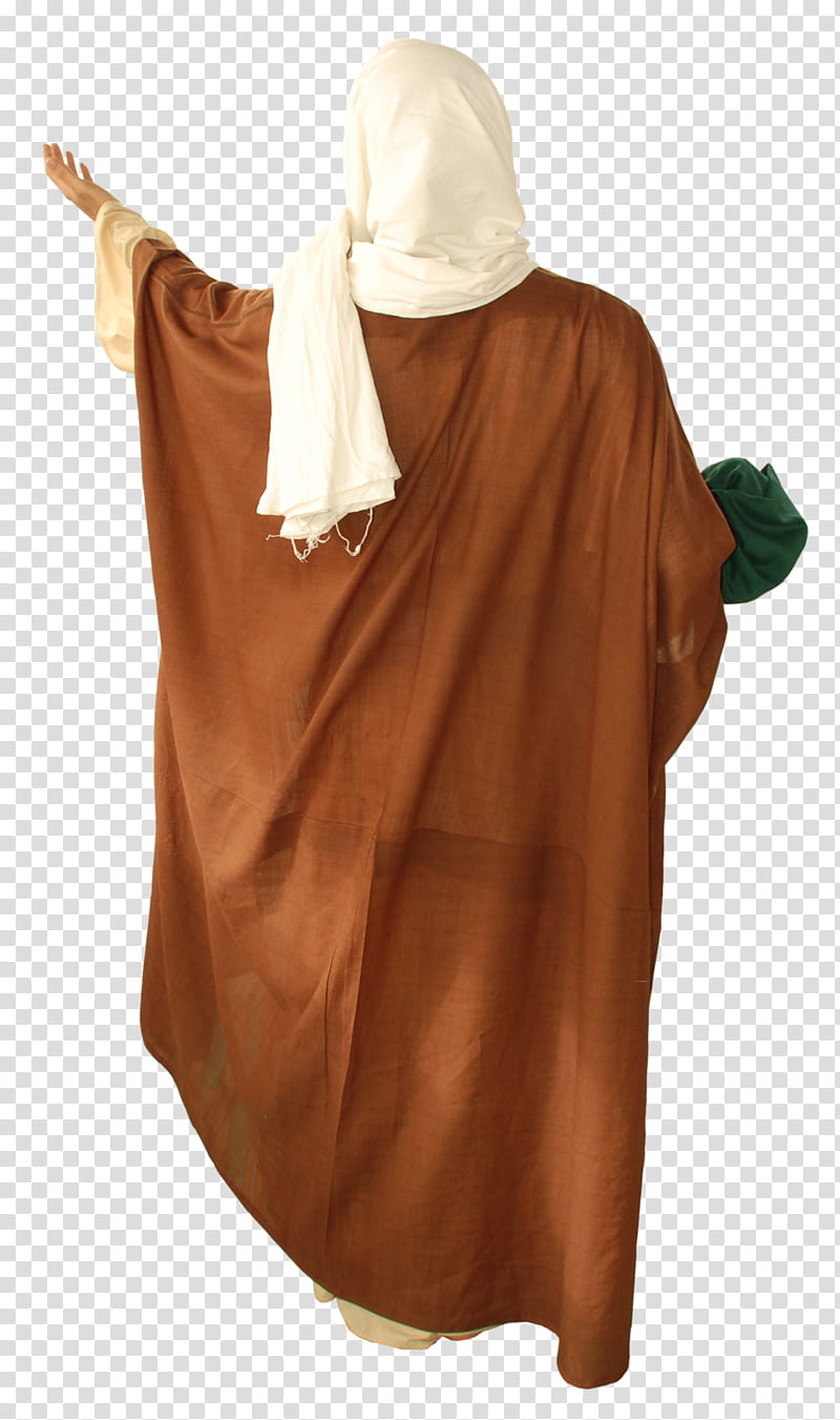 Arab old style clothes , back view of person with cover on head and brown dress carrying green cloth transparent background PNG clipart