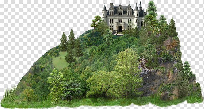 Five nature scenes , gray castle on hill transparent background PNG clipart