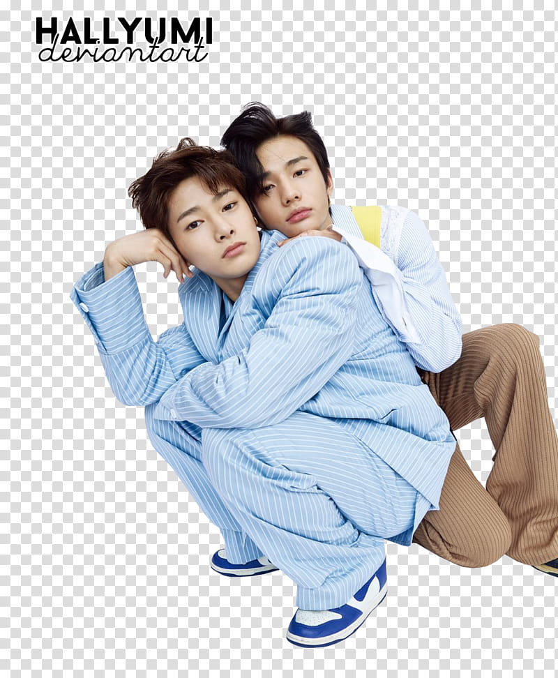 Hyunjin and Jeongin, men wearing blue and brown pants transparent background PNG clipart