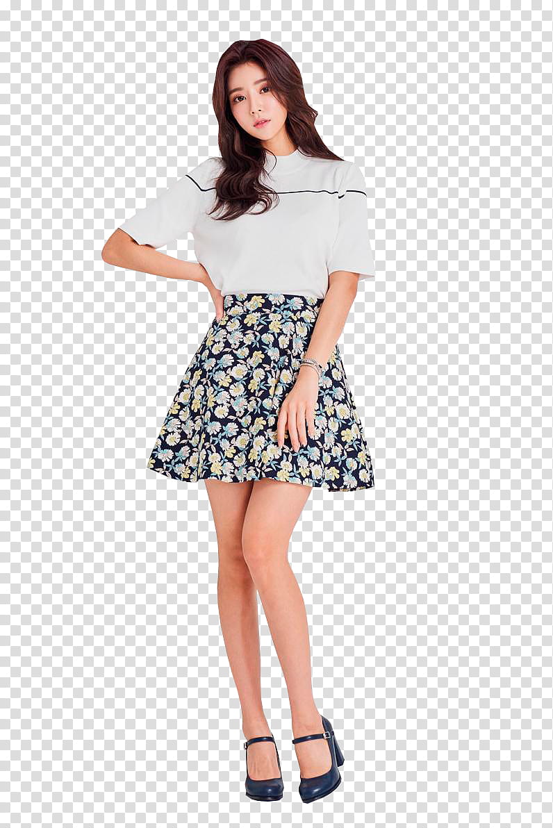 KIM JEON YEON, woman in white top and floral mini skirt transparent background PNG clipart