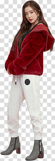 Irene Red Velvet NUOVO, standing woman wearing red jacket and drawstring pants outfit transparent background PNG clipart
