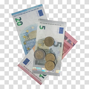 S, four coins on top of three , , and Euro banknotes transparent background  PNG clipart