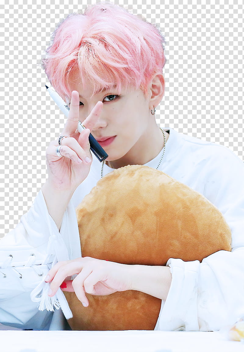 Kihyun MONSTA X, man holding pillow while doing peace hand sign transparent background PNG clipart