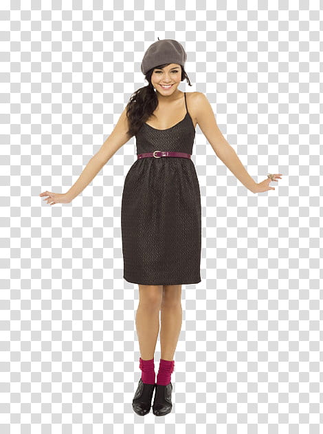 Vanessa Hudgens, woman wearing black spaghetti strap dress standing while smiling transparent background PNG clipart