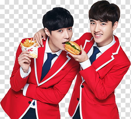 EXO KFC CHINA, two men wearing red blazer eating burger transparent background PNG clipart