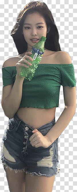 Jennie BLACKPINK, woman in green off shoulder crop top holding Sprite bottle transparent background PNG clipart