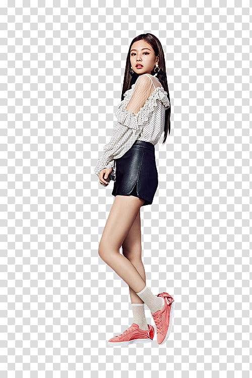 BLACKPINK PUMA, woman's white cold-shoulder top and black mini skirt transparent background PNG clipart
