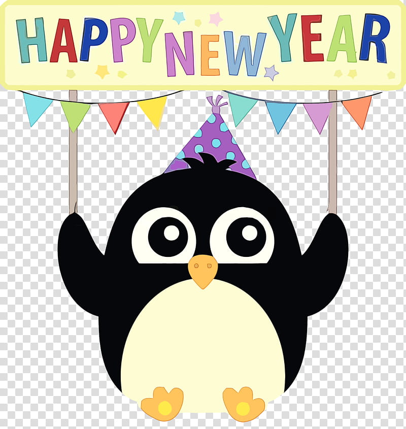 Party hat, Happy New Year, Watercolor, Paint, Wet Ink, Cartoon, Flightless Bird, Penguin transparent background PNG clipart