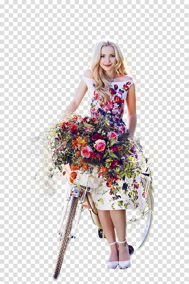 Dove Cameron, woman holding bike and flowers transparent background PNG clipart