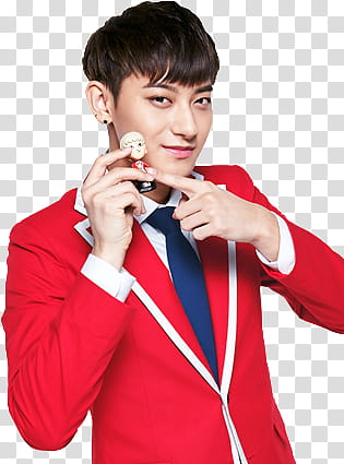 EXO KFC CHINA, man holding figurine wearing red blazer transparent background PNG clipart