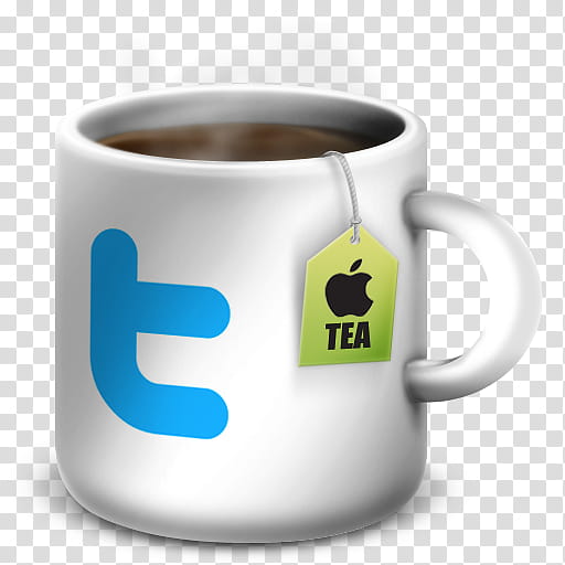 Apple Mug Icons and Extras, twitter-, white ceramic mug with Twitter logo and Apple tea art transparent background PNG clipart