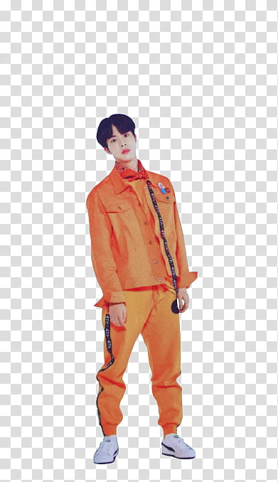 Jin , man black haired wearing orange jacket transparent background PNG clipart