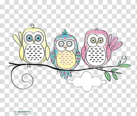Cute, three owls on wood branch art transparent background PNG clipart