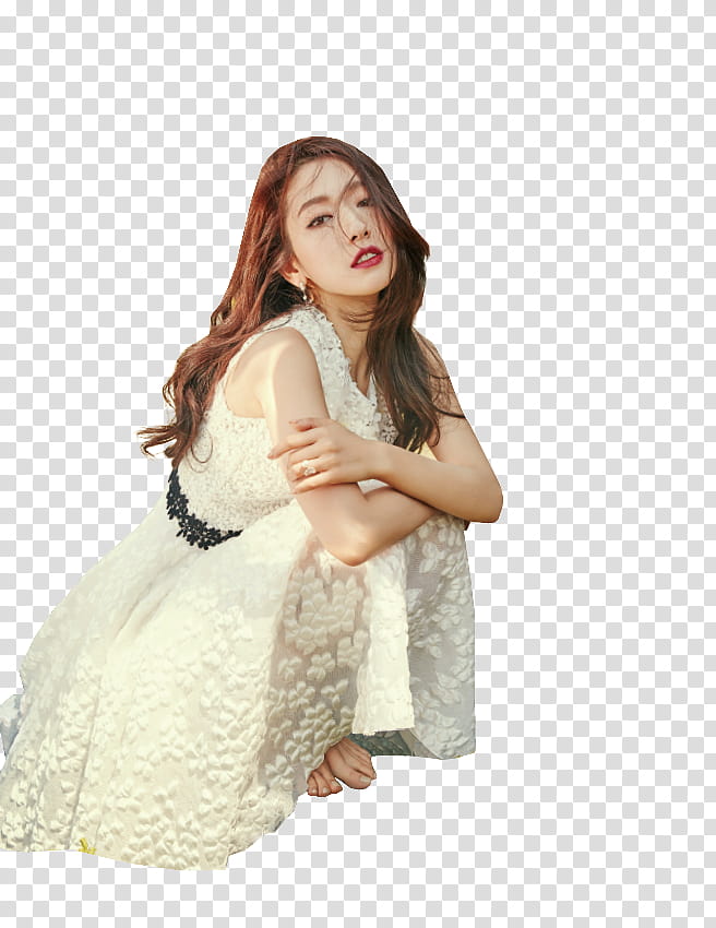 Park Shin Hye ELLE P, woman wearing beige dress sitting transparent background PNG clipart