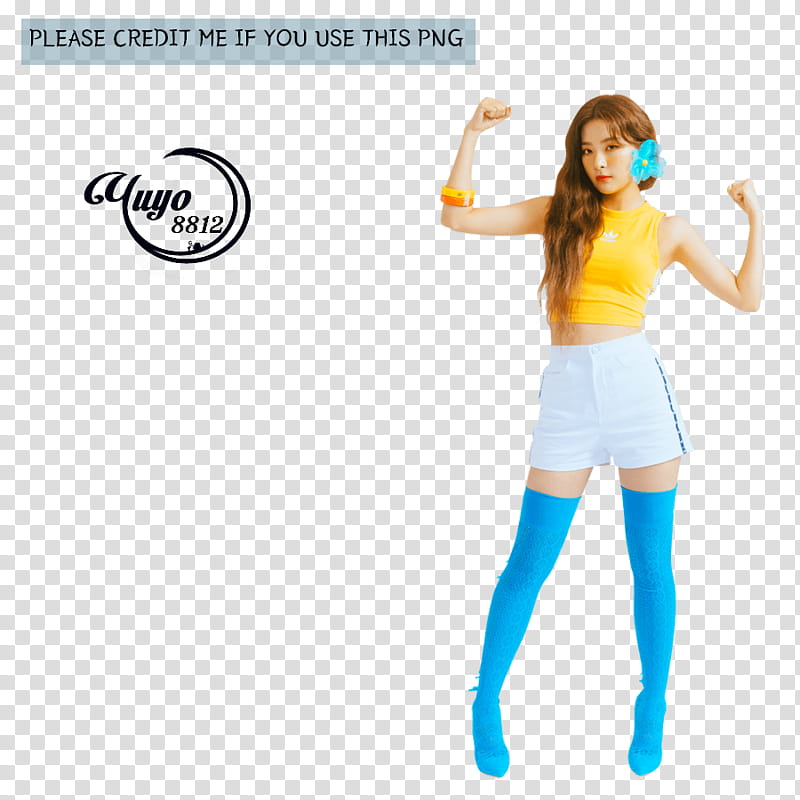 RED VELVET POWER UP, woman in yellow crop-top and white shorts transparent background PNG clipart