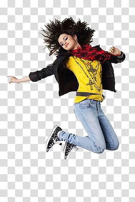 Selena Gomez, woman jumping wearing black jacket transparent background PNG clipart