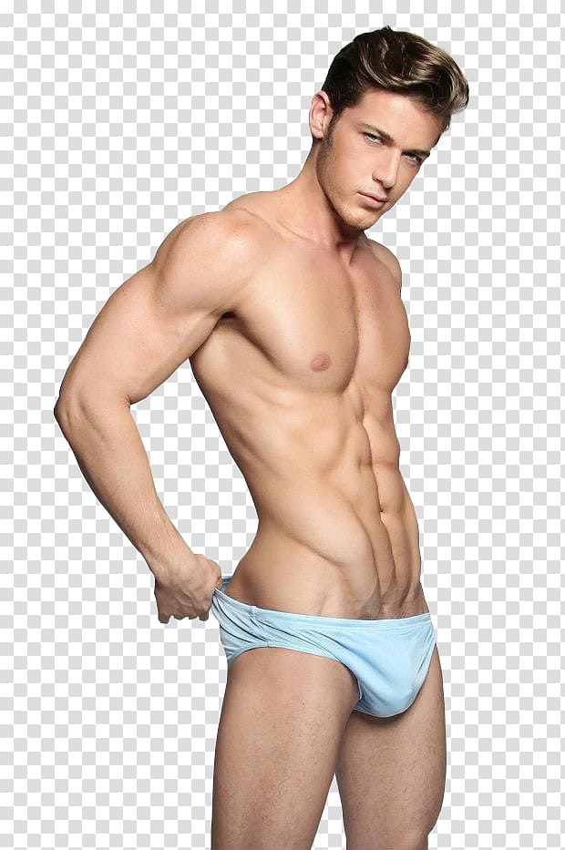 Male Models , standing topless man wearing blue briefs transparent background PNG clipart