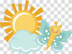 Summer , yellow sun, white cloud, and yellow butterfly illustration transparent background PNG clipart