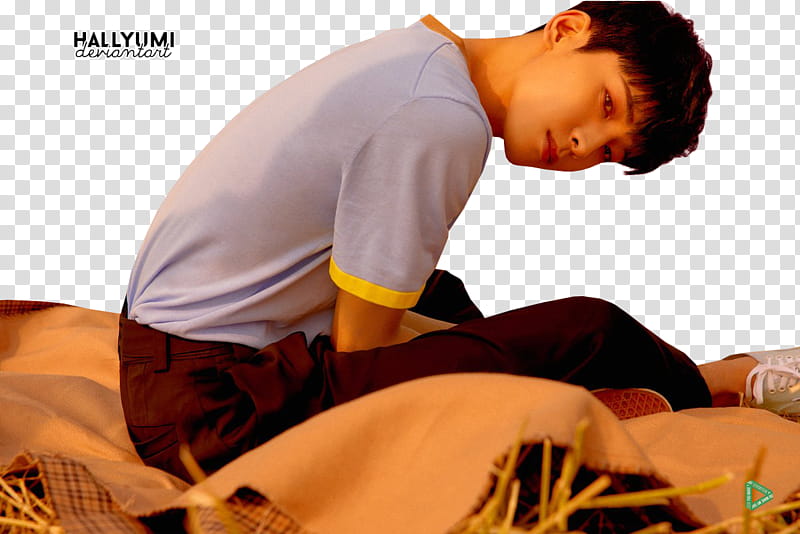 SEVENTEEN You Make My Day Follow Ver, man wearing gray t-shirt sitting on brown cloth transparent background PNG clipart