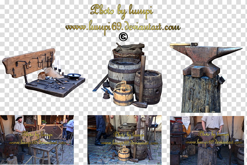 Blacksmith Tools , brown wooden barrel collage transparent background PNG clipart