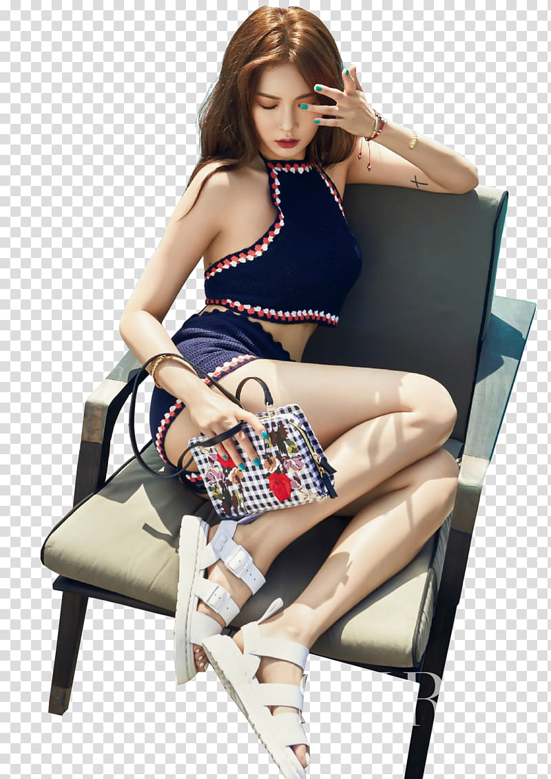 HYUNA , woman wearing crop-top while sitting on armchair transparent background PNG clipart