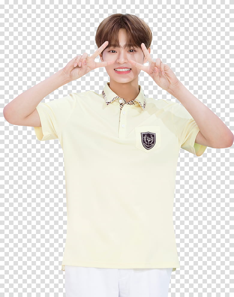 WANNA ONE IVY CLUB P, smiling man doing peace hand sign transparent background PNG clipart