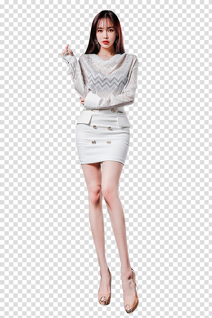 HYEMI, woman wearing white top and white mini skirt transparent background PNG clipart