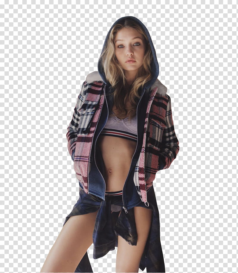 Gigi Hadid , standing woman wearing gray brassiere and multicolored knit jacket near blue surface transparent background PNG clipart