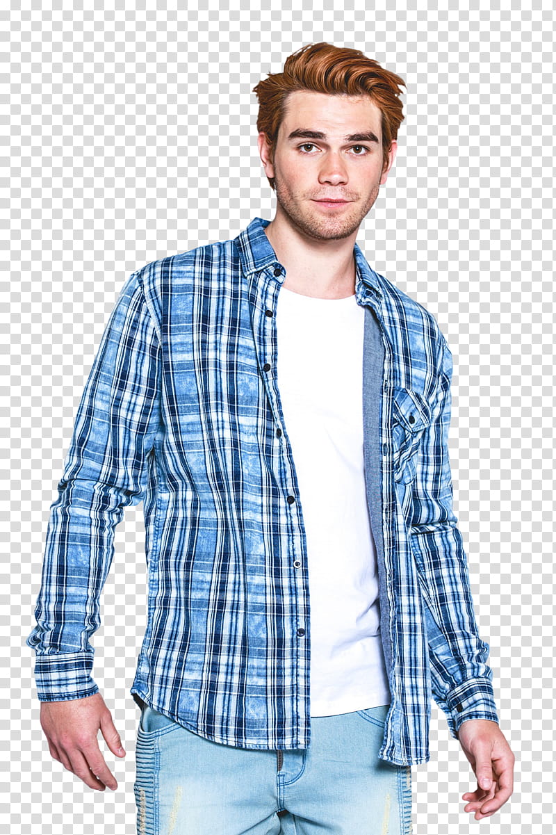 KJ Apa, man in blue and white plaid dress shirt transparent background PNG clipart