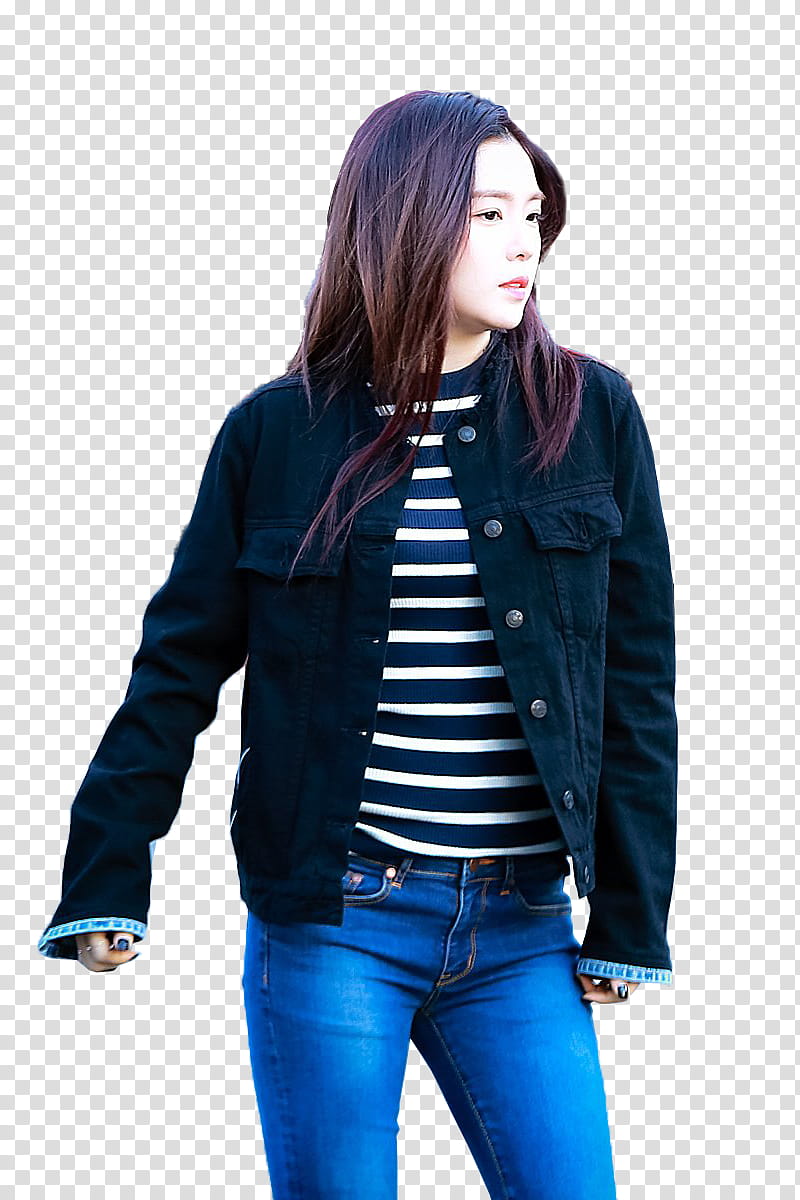 IRENE RED VELVET, standing woman wearing black button-up jacket and blue denim bottoms transparent background PNG clipart