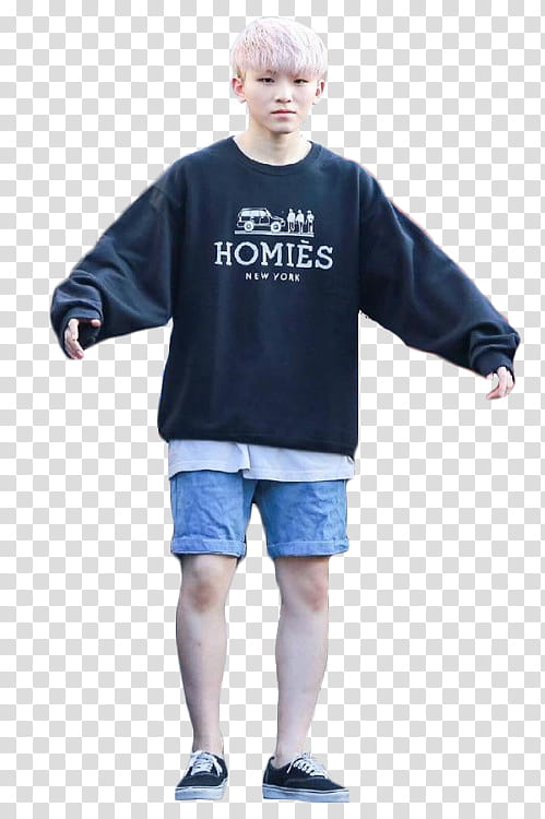 WOOZI RENDER , man in black Homies sweatshirt and blue denim shorts transparent background PNG clipart