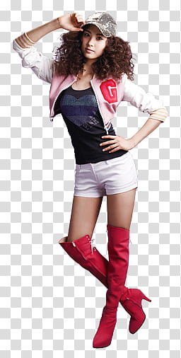 woman wearing pink letterman jacket and red high boots transparent background PNG clipart