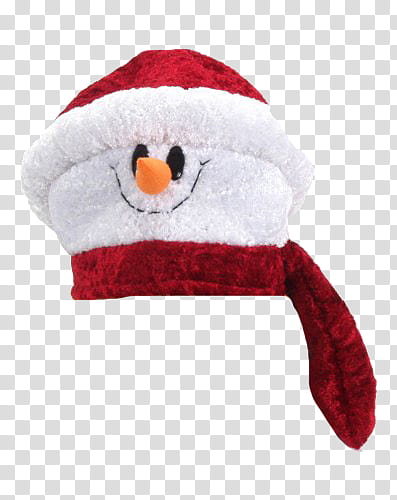 Christmas, snowman wearing red Santa hat and scarf transparent background PNG clipart