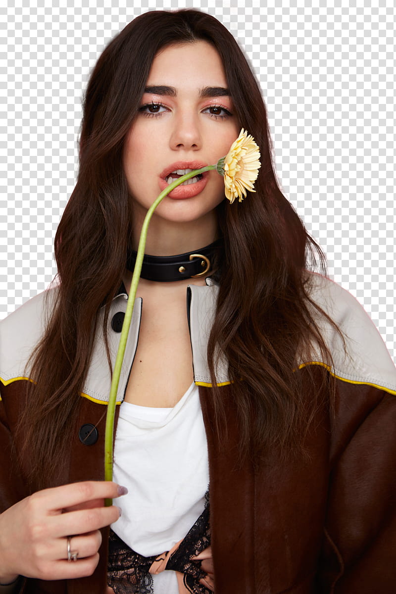 Dua Lipa, Dua Lipa biting daisy flower transparent background PNG clipart