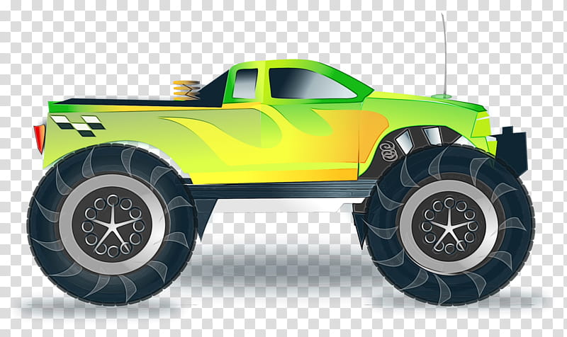 monster truck vehicle car radio-controlled car automotive tire, Watercolor, Paint, Wet Ink, Radiocontrolled Car, Toy Vehicle, Rim, Model Car transparent background PNG clipart