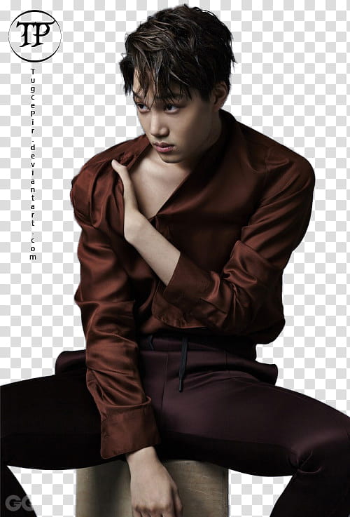 Kim Jong in, Exo Kai sitting on brown stool transparent background PNG clipart