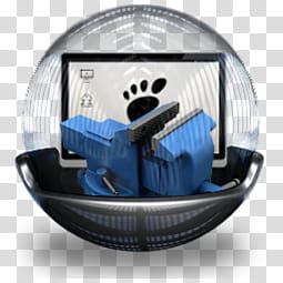 Sphere   , blue bench vise and computer monitor in sphere art transparent background PNG clipart