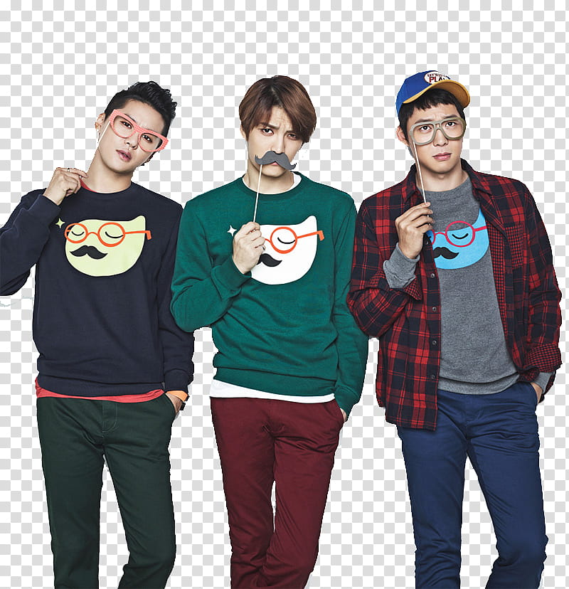 JYJ, three men holding eyeglasses and mustache decors transparent background PNG clipart