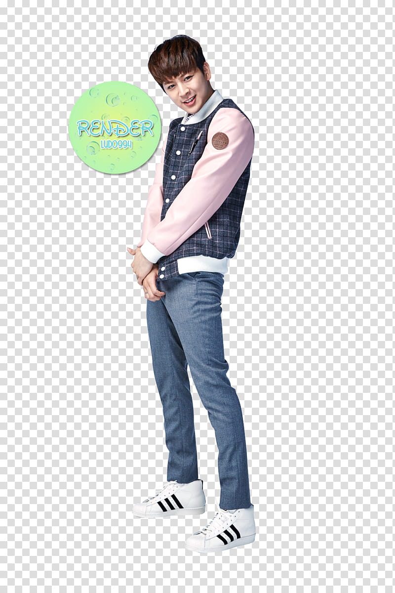 standing and smiling man wearing gray and pink button-up jacket and blue denim jeans transparent background PNG clipart