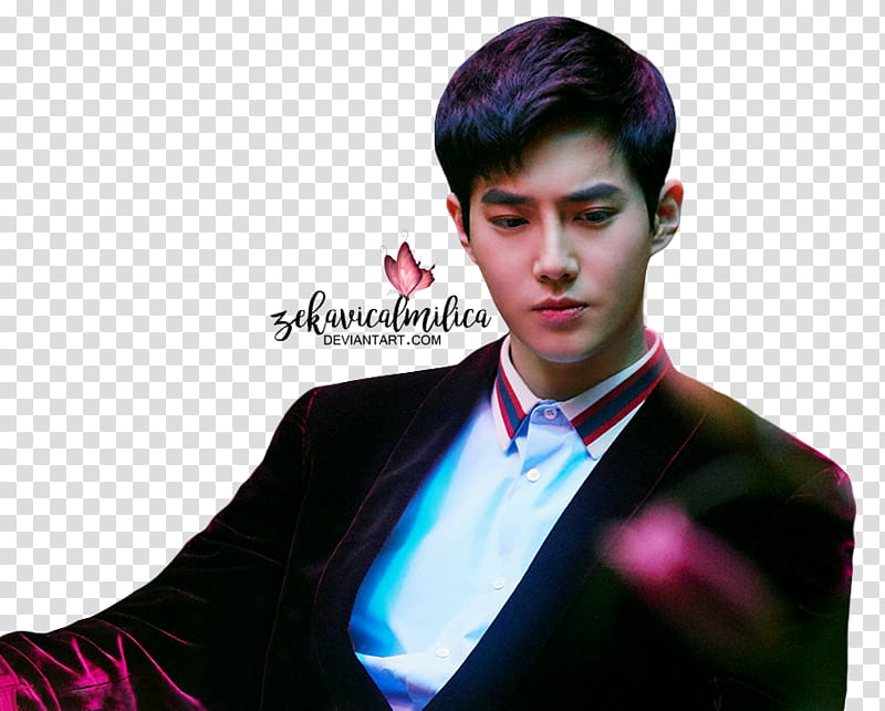 EXO Suho Dinner Do You Have A Moment, man in black dress suit on blue background transparent background PNG clipart