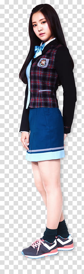 Apink for Skoolooks HD, woman standing wearing black and maroon plaid jacket transparent background PNG clipart