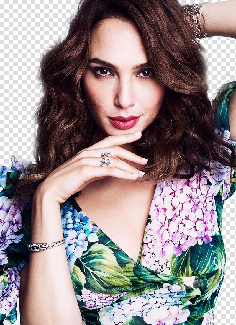 Gal Gadot, woman wearing pink and green floral dress transparent background PNG clipart