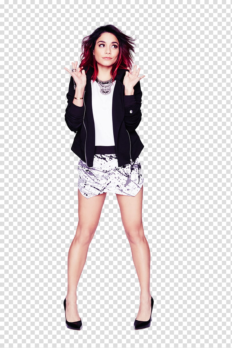 vanessa hudgens, woman wearing black jacket and white skirt standing while raising her hands transparent background PNG clipart