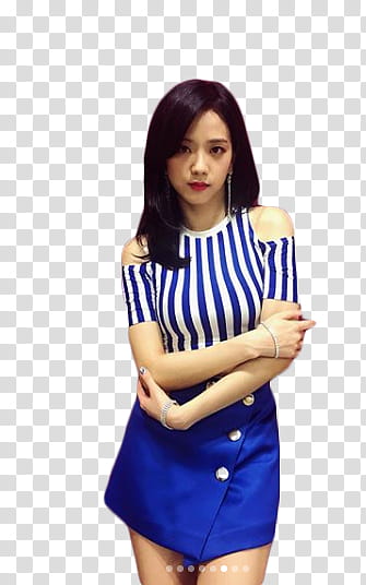 Jisoo BLACKPINK, woman wearing blue and white striped cold-shoulder dress transparent background PNG clipart