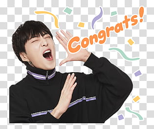 WINNER Line, man shouting congrats! wearing black zip-up jacket transparent background PNG clipart