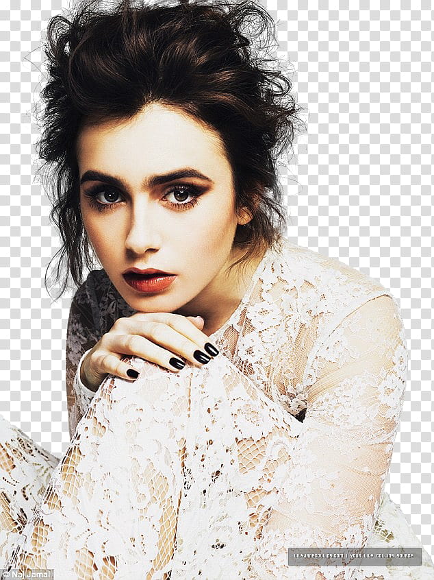 Lily Collins, woman wearing laced white gown transparent background PNG clipart