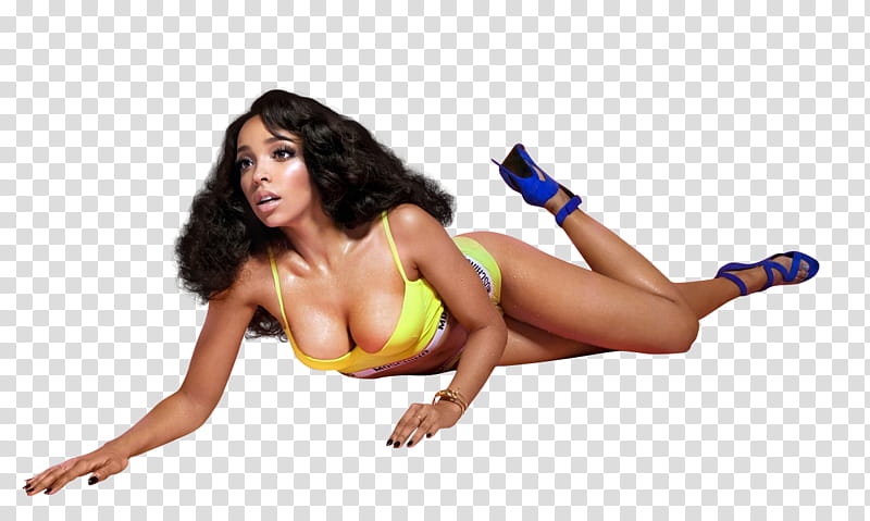 Tinashe, woman in yellow bikini lying on floor transparent background PNG clipart