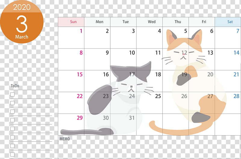 March 2020 Calendar March 2020 Printable Calendar 2020 Calendar, Text, Nose, Cat, Line, Whiskers, Small To Mediumsized Cats, Diagram transparent background PNG clipart