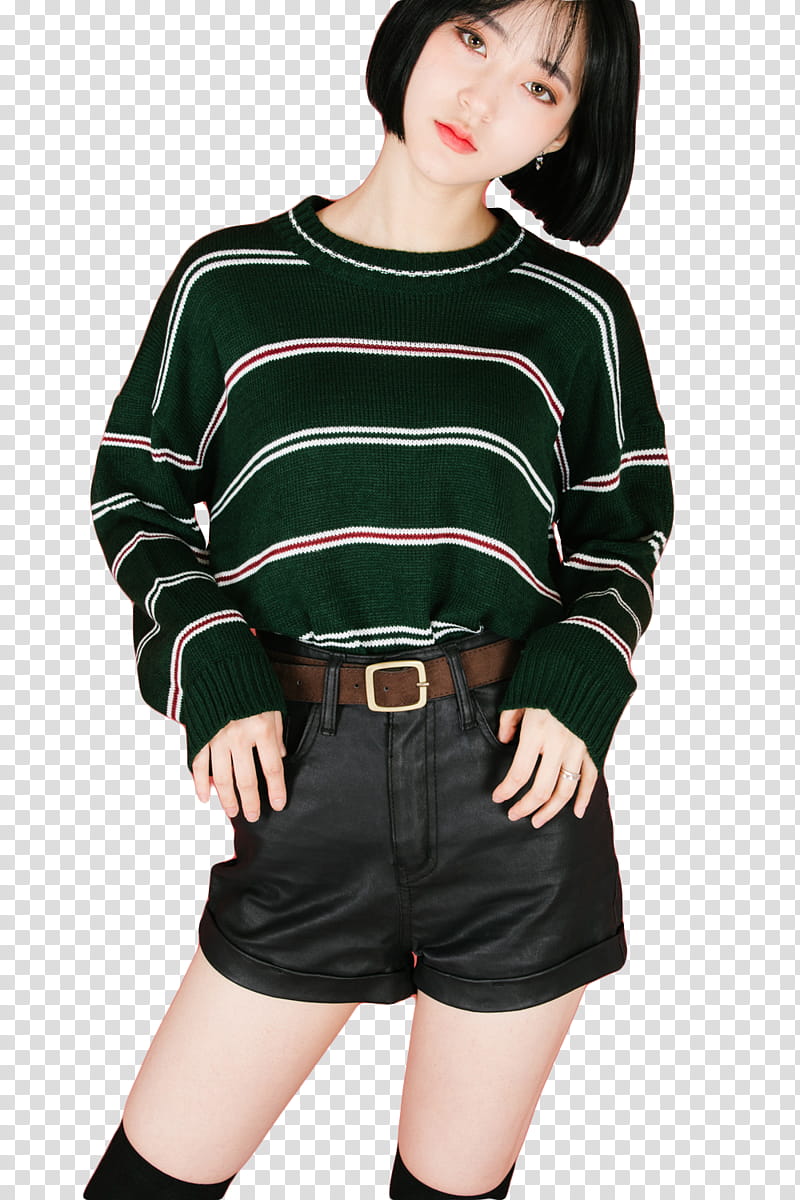 Model Jiyoung, woman wearing green, pink, and white striped long-sleeved shirt and black short shorts transparent background PNG clipart