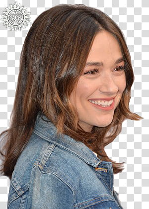 Crystal Reed, woman wearing blue denim jacket transparent background PNG clipart